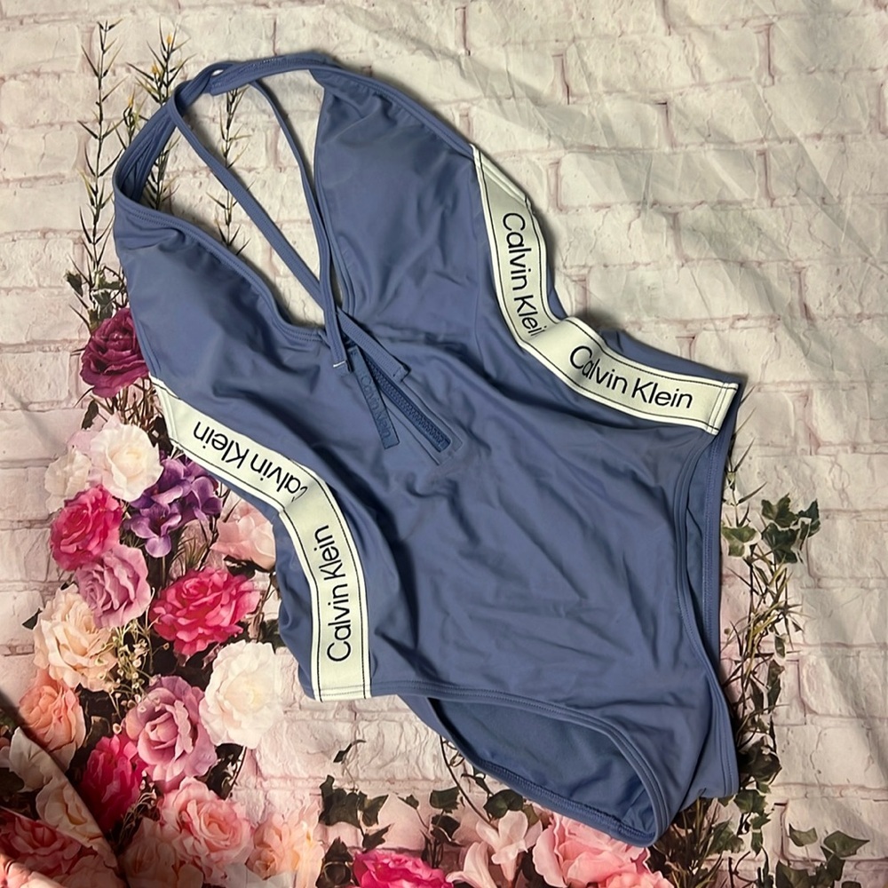 Calvin Klein periwinkle one piece swimsuit with side stripes NWOT size M - Picture 2 of 6